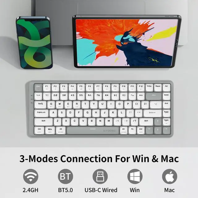 Alt view image 2 of 5 - E-YOOSO HUO JI 84 Keys Ultra-Slim Wireless Bluetooth/USB Wired Mechanical Keyboard with White LED Backlit, Low-Profile G Mechanical Red Switch Compatible with Mac Windows