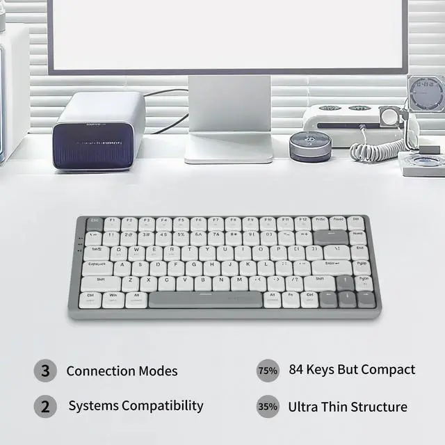 Alt view image 4 of 5 - E-YOOSO HUO JI 84 Keys Ultra-Slim Wireless Bluetooth/USB Wired Mechanical Keyboard with White LED Backlit, Low-Profile G Mechanical Red Switch Compatible with Mac Windows