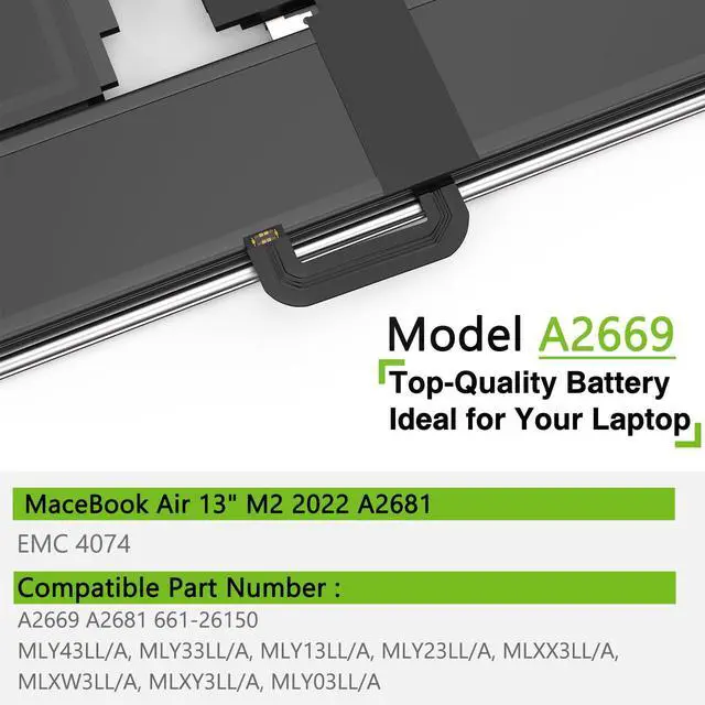 Alt view image 4 of 5 - A2669 A2681 Laptop Battery 52.6Wh Replacement for MacBook AIR 13" M2 2022 A2681 (EMC 4074) 661-26150 MLY23LL/A MLXX3LL/A MLXW3LL/A MLY33LL/A MLY43LL/A Series 11.54V