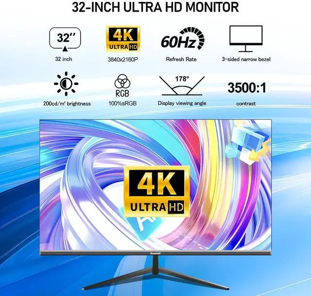 Alt view image 2 of 5 - Gawfolk 32 Inch 4K UHD Computer Monitor, Ultra-Clear (3840×2160p) Screen, 100% sRGB,178° Viewing Angle, Display PortHDMI, Compatible with Wall mounting 100 * 100MM - Black