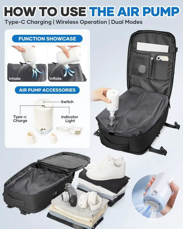 Alt view image 2 of 5 - Vacuum Seal Travel Backpack with Air Pump Compression Vacpack Waterproof Carry On Backpack for Travel Women men with Vacuum System Laptop Airlines Approved Daypack Space Saver Bags Black