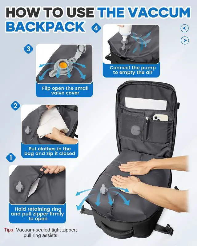 Alt view image 3 of 5 - Vacuum Seal Travel Backpack with Air Pump Compression Vacpack Waterproof Carry On Backpack for Travel Women men with Vacuum System Laptop Airlines Approved Daypack Space Saver Bags Black