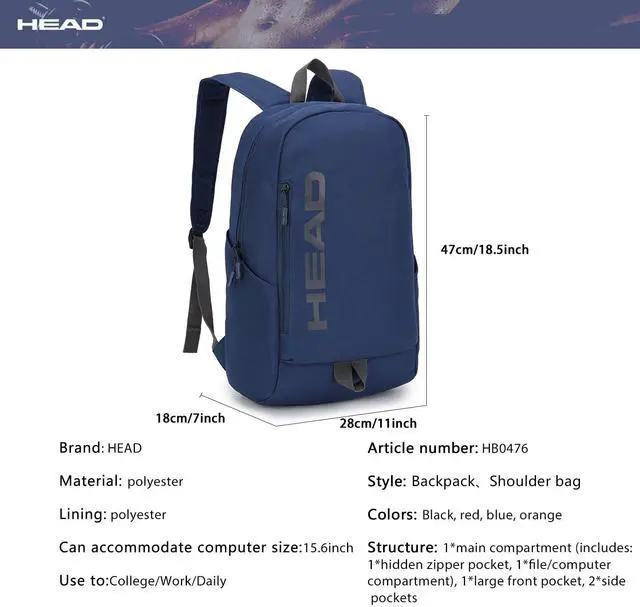 Alt view image 4 of 5 - HEAD Waterproof Gym Backpack for Women/Men, Compact Laptop Backpack for College/Sport/Fitness/Work/Daily, (Navy Blue)