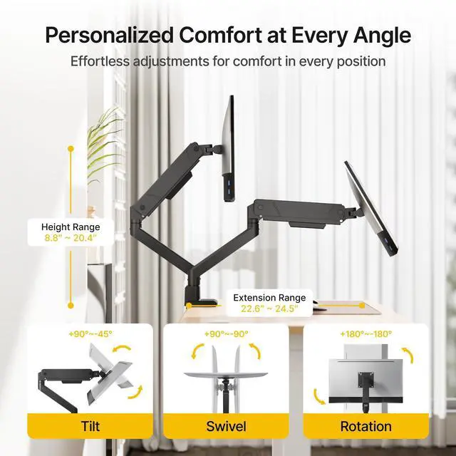Alt view image 3 of 5 - monTEK Dual Monitor Mount with USB Monitor Arms for 2 Monitors for 17 to 35 Inch Curved Screen Holds 35 Lbs Adjustable Heavy Duty Monitor Desk Mount Cable Management, VESA 75/100mm, MA1007UCBK-D