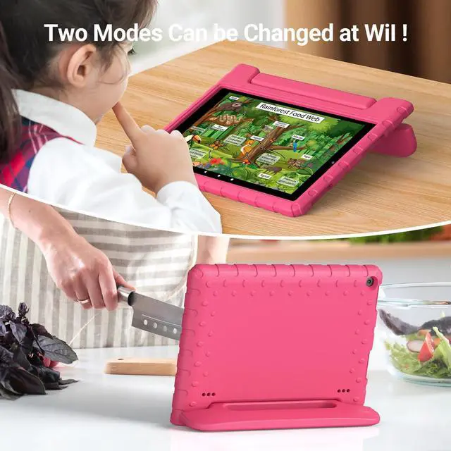 Alt view image 3 of 5 - Thoreta for Amazon Fire hd 10 Tablet case Kids 5th/7th/9th Generation 2015/2017/2019 Released, Shockproof Lightweight Protective Cover with Portable Handle Stand for Boys Girls, Rosered