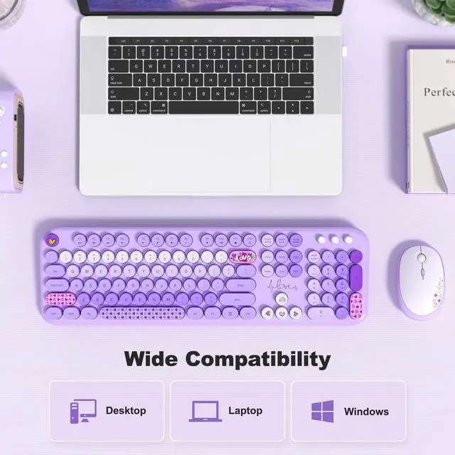 Alt view image 5 of 5 - MOFII Wireless Keyboard and Mouse Combo, Cute Colorful Full Size Keyboard and Adjustable Mouse, 2.4GHz Retro Typewriter Keyboard and Mouse Set for PC/Desktop/Laptop/Windows (Purple Colorful)
