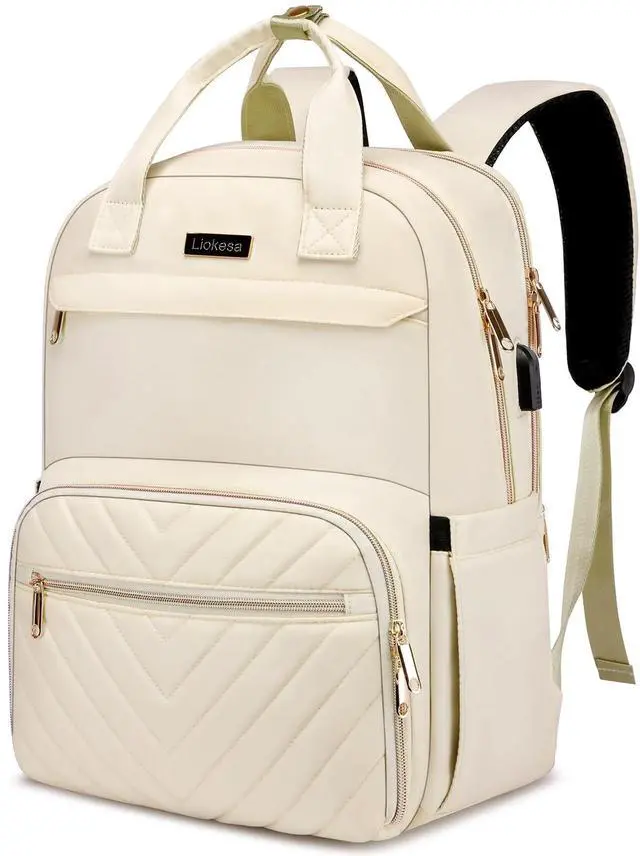 Main image of Liokesa Lunch Backpack for Women, Water Resistant Insulated Cooler Lunch Bag, 15.6 inch Laptop Backpacks with USB Port, Picnic Backpack with Lunch Box, for College Work Camping Beaches, Beige