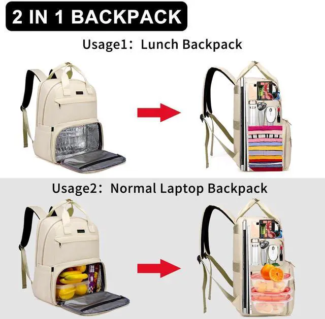 Alt view image 5 of 5 - Liokesa Lunch Backpack for Women, Water Resistant Insulated Cooler Lunch Bag, 15.6 inch Laptop Backpacks with USB Port, Picnic Backpack with Lunch Box, for College Work Camping Beaches, Beige