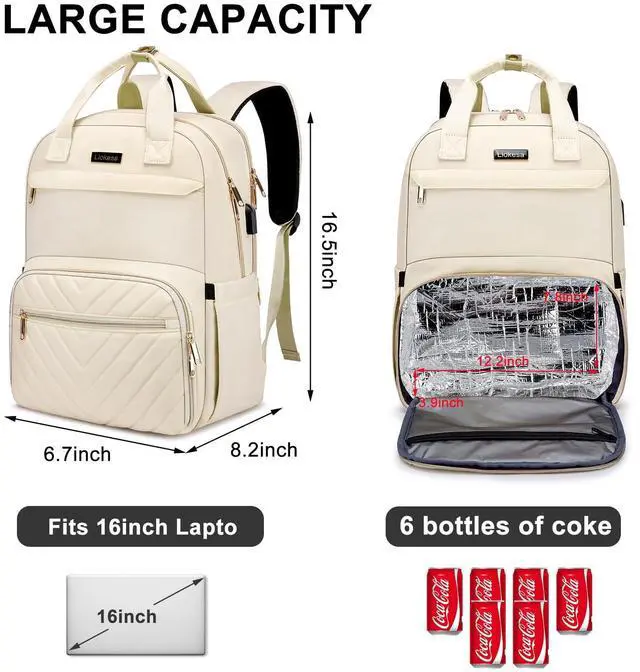 Alt view image 4 of 5 - Liokesa Lunch Backpack for Women, Water Resistant Insulated Cooler Lunch Bag, 15.6 inch Laptop Backpacks with USB Port, Picnic Backpack with Lunch Box, for College Work Camping Beaches, Beige