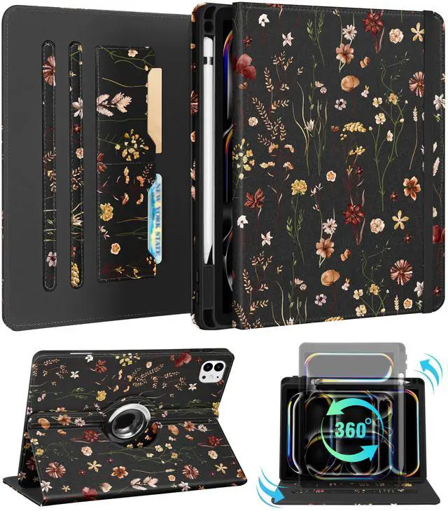 Main image of Kidcube for iPad Pro 11 Inch Case M4 2024 5th Generation - Women Girls Cute Rotating Stand Folio Cover with Pencil Holder & Card Slot Girly Flowers Floral Design for iPad Pro 11'' Case 2024 M4 5th Gen