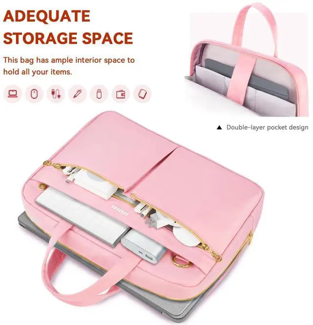 Alt view image 3 of 5 - Ferkurn Laptop Bag Case Women Men Computer Bag Compatible with MacBook/HP/LG/Dell, Shoulder Strap Slim Carrying Messenger Briefcase, Pink, 14 Inch