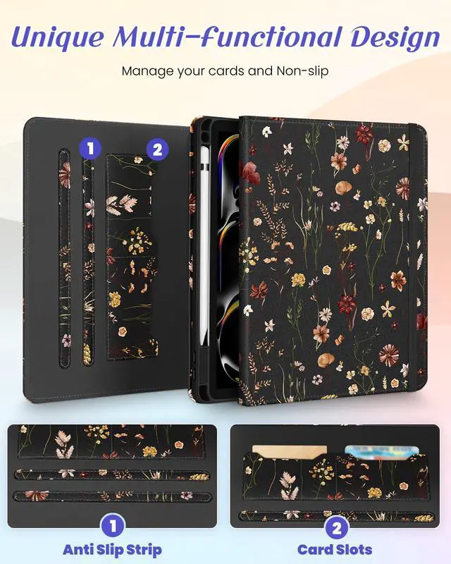 Alt view image 3 of 5 - Kidcube for iPad Pro 11 Inch Case M4 2024 5th Generation - Women Girls Cute Rotating Stand Folio Cover with Pencil Holder & Card Slot Girly Flowers Floral Design for iPad Pro 11'' Case 2024 M4 5th Gen