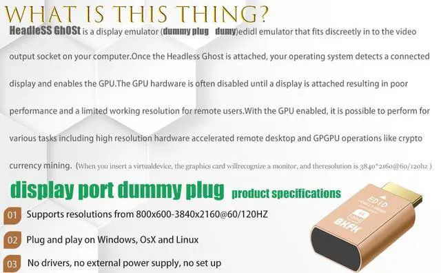 Alt view image 5 of 5 - 4K 120Hz hdmi Dummy Plug - Display to hdmi Adapter, Luna Display Virtual Window for Home-edid Emulator-Dummy, displayport Headless dummie dongle(HDMI-2.1port-4K-120Hz-10P)