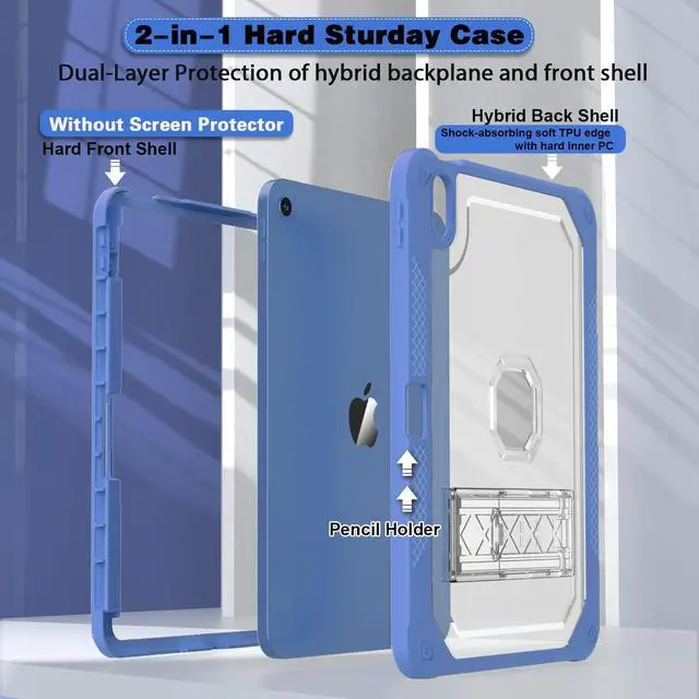 Alt view image 3 of 5 - ZoneFoker Case for iPad 11-inch (A16) 2025 / iPad 10th Gen 10.9 inch 2022, Heavy Duty Shockproof Rugged Protective with Pencil Holder, 11th / 10th Translucent Cover with Kickstand Kids, Blue