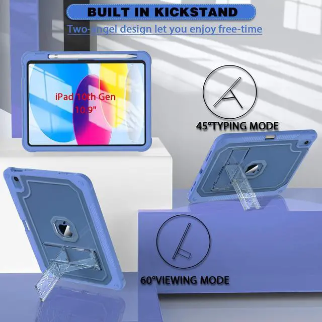 Alt view image 4 of 5 - ZoneFoker Case for iPad 11-inch (A16) 2025 / iPad 10th Gen 10.9 inch 2022, Heavy Duty Shockproof Rugged Protective with Pencil Holder, 11th / 10th Translucent Cover with Kickstand Kids, Blue