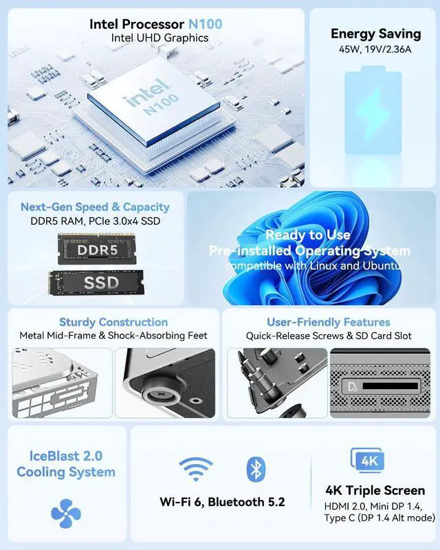 Alt view image 2 of 5 - GEEKOM Mini PC Air12 with Intel N100, 3-Year Coverage, 16GB DDR5 RAM 512GB PCIe M.2 NVMe SSD, Home/Business Mini Desktop Computer, 4K Triple Display/HDMI/WiFi 6/BT5.2/SD Slot/VESA