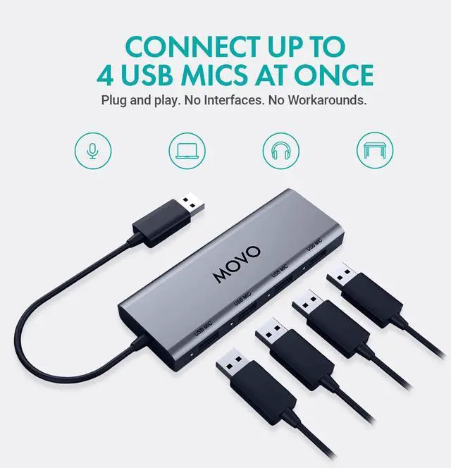 Alt view image 2 of 5 - Movo UMX-1 USB Microphone Hub  4-Port Powered USB Interface for Podcasting & Streaming Mics  Low-Noise, High-Speed