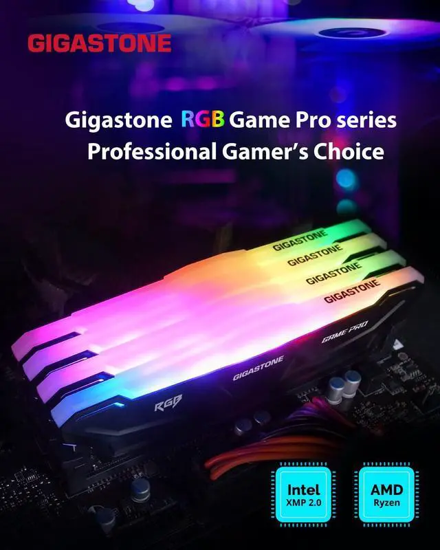 Alt view image 2 of 5 - RGB DDR4 RAM GIGSASTONE Game PRO 32GB Kit (2x16GB) DDR4-3200MHz PC4-25600 CL16-20-20-40 Intel XMP 2.0 AMD Ryzen 1.35V UDIMM 288 Pin Unbuffered Non ECC High Performance Gaming Desktop Memory - Black