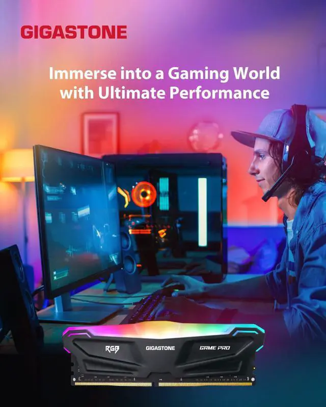 Alt view image 4 of 5 - RGB DDR4 RAM GIGSASTONE Game PRO 32GB Kit (2x16GB) DDR4-3200MHz PC4-25600 CL16-20-20-40 Intel XMP 2.0 AMD Ryzen 1.35V UDIMM 288 Pin Unbuffered Non ECC High Performance Gaming Desktop Memory - Black