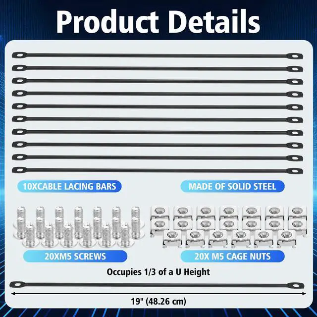 Alt view image 2 of 5 - Zonon 10 Pack Cable Lacing Bars Horizontal Lacing Bar Organizer, 0 Inch Offset at 75 Degrees, 19" Network Rack Mount Cord Organizer, Server Rack Cable Management