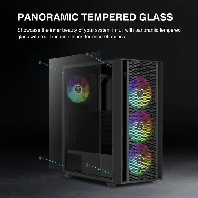 Alt view image 4 of 5 - GAMDIAS ATX Mid Tower Computer PC Case with Tempered Glass, 4X 120mm ARGB PWM Fans Gaming Case, Support Up to 6X 120mm Fans, 360mm AIO/Radiator, 260mm GPU/VGA, 160mm CPU Air Cooler