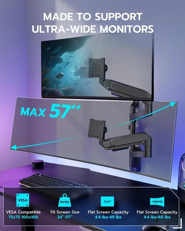 Alt view image 2 of 5 - ARES WING Dual Monitor Wall Mount for 24-57 Inch Ultrawide Screens, Premium Heavy Duty Monitor Arm Holds 60 lbs, Full Motion Gas Spring, Bearing Head for Easy Adjustment, 75/100 VESA Mount, Black