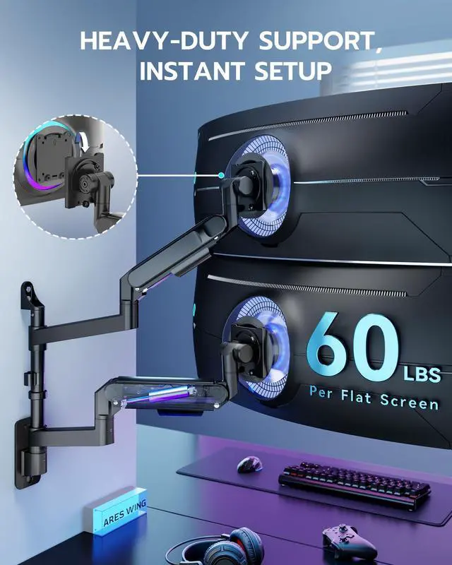 Alt view image 3 of 5 - ARES WING Dual Monitor Wall Mount for 24-57 Inch Ultrawide Screens, Premium Heavy Duty Monitor Arm Holds 60 lbs, Full Motion Gas Spring, Bearing Head for Easy Adjustment, 75/100 VESA Mount, Black