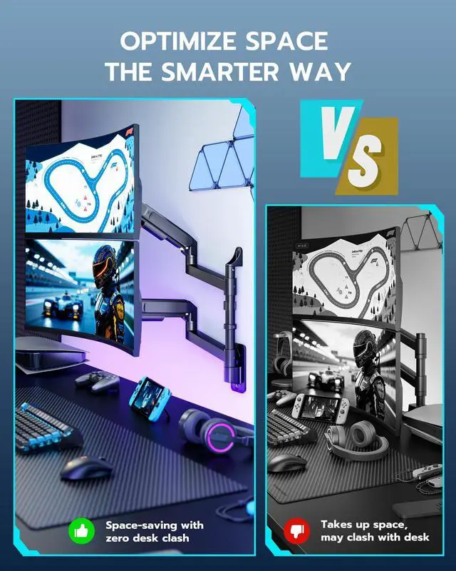 Alt view image 5 of 5 - ARES WING Dual Monitor Wall Mount for 24-57 Inch Ultrawide Screens, Premium Heavy Duty Monitor Arm Holds 60 lbs, Full Motion Gas Spring, Bearing Head for Easy Adjustment, 75/100 VESA Mount, Black