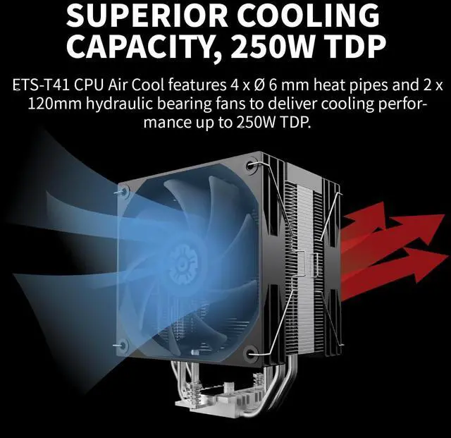 Alt view image 3 of 5 - Enermax T41 CPU Air Cooler 157mm Height CPU Air Cooler 4 Heat Pipes with Dual 120mm PWM Fan 250W TDP, for Intel 1851/1700/1200/115X, AMD AM5/AM4