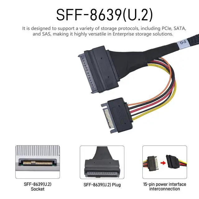 Alt view image 4 of 5 - LetLinkSo PCIe 5.0 MCIO x8 to 2 x SFF-8639 Cable for U.2 NVMe SSD with 15Pin Power, 1.3feet (40 cm)