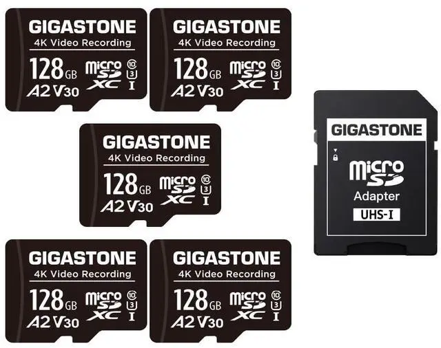 Main image of GIGASTONE 128GB Micro SD Card A2 V30 5-Pack, 4K Video Pro, Surveillance, Security Camera, Dash Cam, Drone, 100MB/s MicroSDXC Memory Card UHS-I Class 10, with Adapter