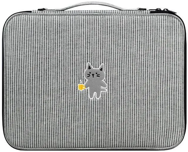 Main image of Kimhachan Stripe Kitty Laptop Pouch with Handle | Vintage-Inspired Fabric Cute Notebook Case Sleeve for Women (Black x White, 17 inch)