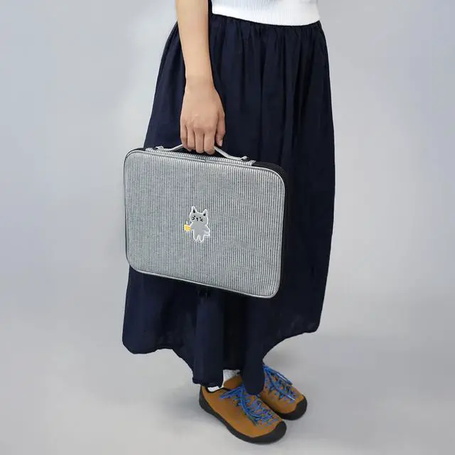 Alt view image 2 of 3 - Kimhachan Stripe Kitty Laptop Pouch with Handle | Vintage-Inspired Fabric Cute Notebook Case Sleeve for Women (Black x White, 17 inch)