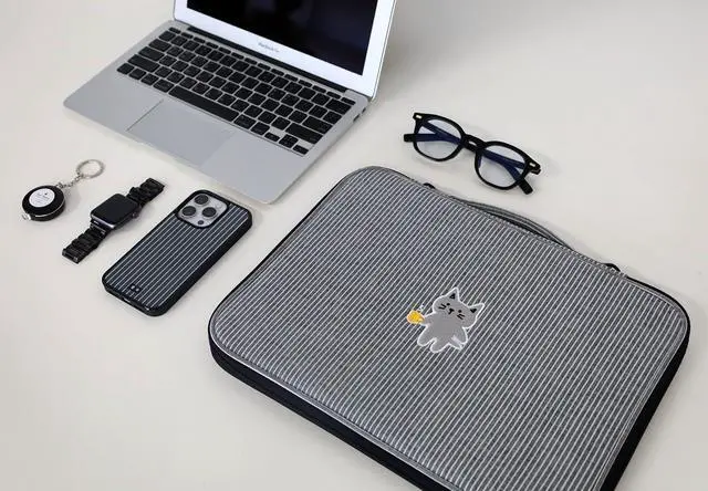 Alt view image 3 of 3 - Kimhachan Stripe Kitty Laptop Pouch with Handle | Vintage-Inspired Fabric Cute Notebook Case Sleeve for Women (Black x White, 17 inch)