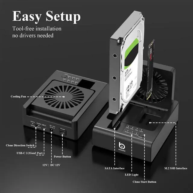 Alt view image 2 of 5 - M.2 NVMe & SATA HDD Docking Station,10Gbps USB3.2 Gen2 SSD Cloner for M.2 NVMe SSD + SATA 2.5/3.5 HDD Converter, Offline Cloning, Tool-Free, Cooling Fan
