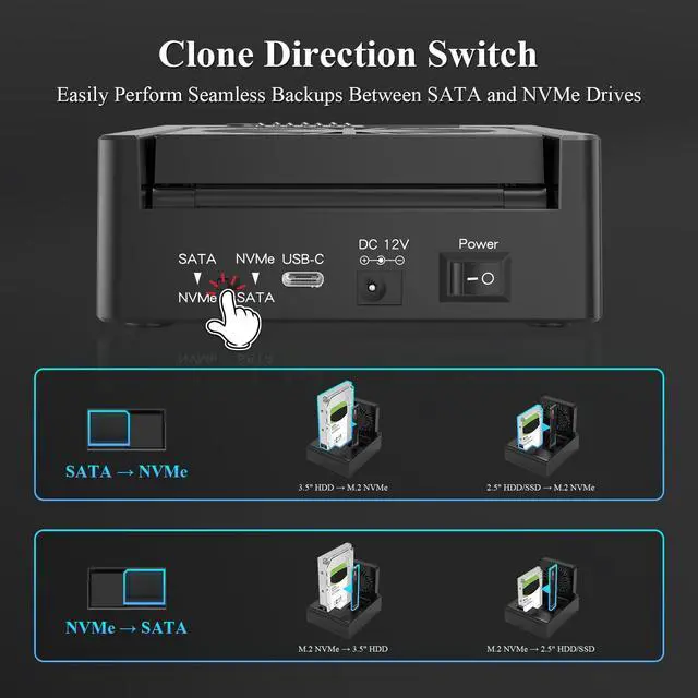 Alt view image 3 of 5 - M.2 NVMe & SATA HDD Docking Station,10Gbps USB3.2 Gen2 SSD Cloner for M.2 NVMe SSD + SATA 2.5/3.5 HDD Converter, Offline Cloning, Tool-Free, Cooling Fan