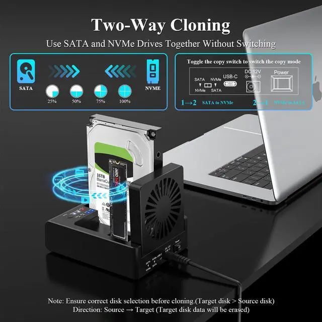 Alt view image 4 of 5 - M.2 NVMe & SATA HDD Docking Station,10Gbps USB3.2 Gen2 SSD Cloner for M.2 NVMe SSD + SATA 2.5/3.5 HDD Converter, Offline Cloning, Tool-Free, Cooling Fan