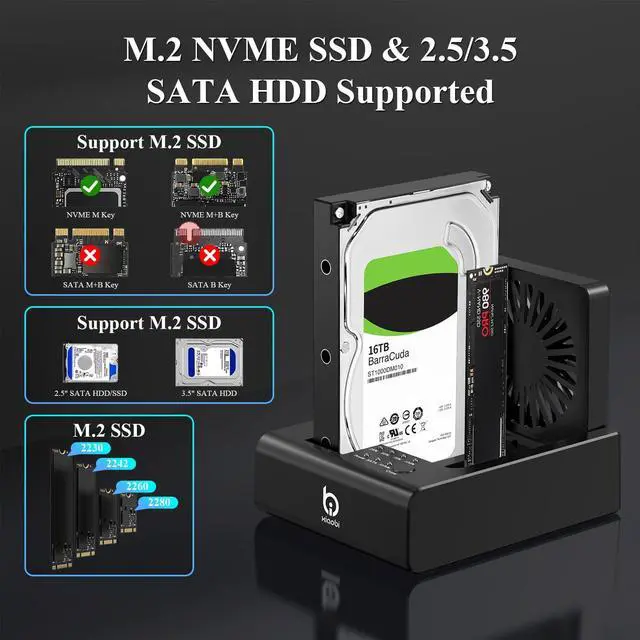 Alt view image 5 of 5 - M.2 NVMe & SATA HDD Docking Station,10Gbps USB3.2 Gen2 SSD Cloner for M.2 NVMe SSD + SATA 2.5/3.5 HDD Converter, Offline Cloning, Tool-Free, Cooling Fan
