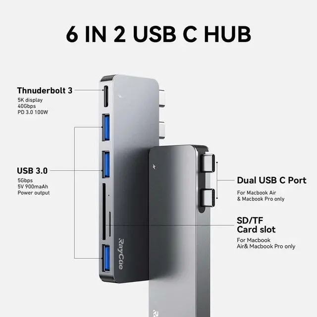 Alt view image 2 of 5 - RayCue USB C Hub Adapters for MacBook Pro/MacBook Air M1 M2 M3 2023 2022 2021 2020 2019 13" 14" 15" 16", 6-in-2 Multiport MacBook Adapter with Thunderbolt 3, 3 USB 3.0 Ports, SD/TF Card Reader