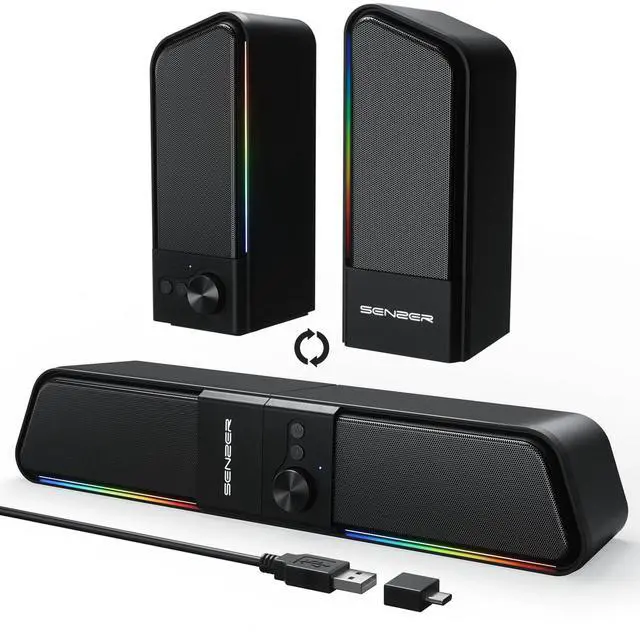 Main image of SENZER CS20 2 in 1 Bluetooth Computer Speakers for Desktop, USB Plug & Play Clear Sound PC Speakers with RGB Light, Monitor Sound Bar with Volume Knob, Gaming Speaker for PC Laptop Phone Tablet
