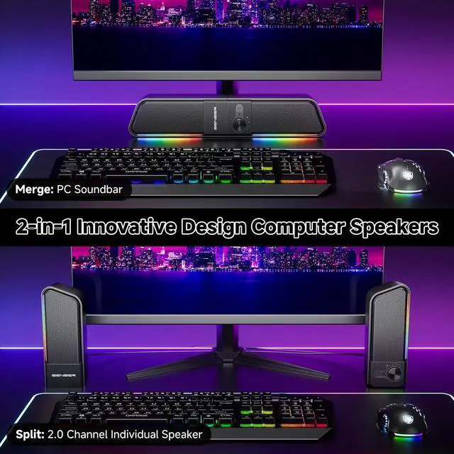 Alt view image 2 of 5 - SENZER CS20 2 in 1 Bluetooth Computer Speakers for Desktop, USB Plug & Play Clear Sound PC Speakers with RGB Light, Monitor Sound Bar with Volume Knob, Gaming Speaker for PC Laptop Phone Tablet