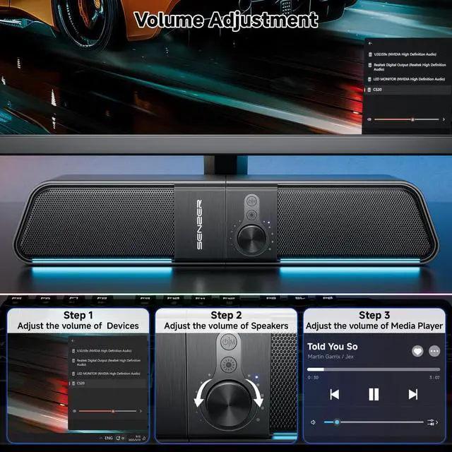 Alt view image 5 of 5 - SENZER CS20 2 in 1 Bluetooth Computer Speakers for Desktop, USB Plug & Play Clear Sound PC Speakers with RGB Light, Monitor Sound Bar with Volume Knob, Gaming Speaker for PC Laptop Phone Tablet