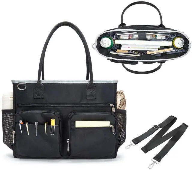 Main image of Teacher Tote Bag for Women with 17.3" Laptop Compartment, 2025 X-Large Work Utility Bag Professional with Multiple Pockets for Office, College, Nursing - Black