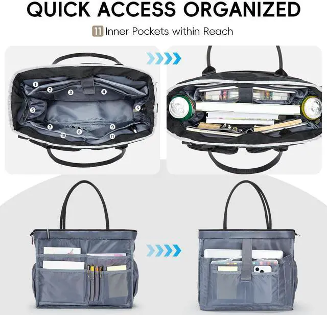 Alt view image 3 of 5 - Teacher Tote Bag for Women with 17.3" Laptop Compartment, 2025 X-Large Work Utility Bag Professional with Multiple Pockets for Office, College, Nursing - Black