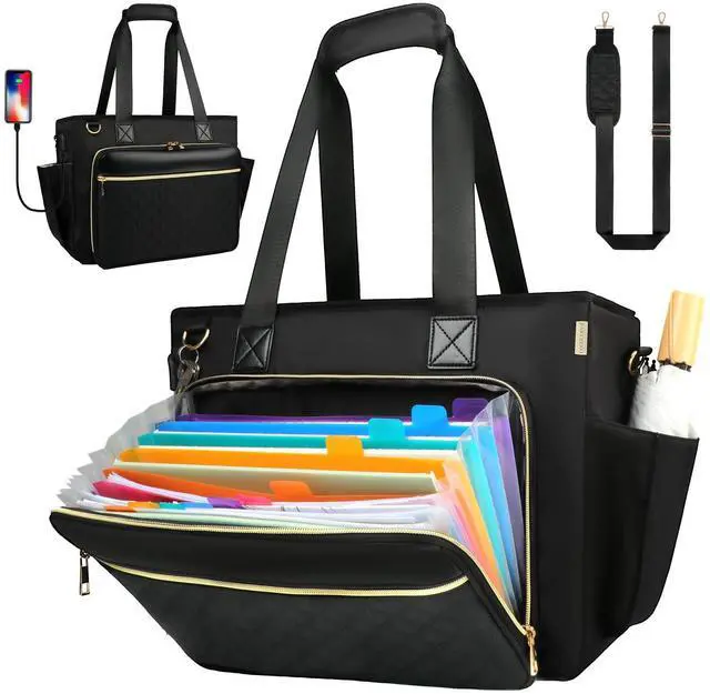 Main image of Partreko Teacher Tote Bag with Colourful Accordion File Organizer Pocket, USB Port& 15.6 Inch Laptop Compartment, Large Work Bag with Insulated Pocket for School Teacher Essential Nurse Women (Black)