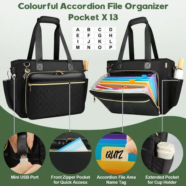 Alt view image 2 of 5 - Partreko Teacher Tote Bag with Colourful Accordion File Organizer Pocket, USB Port& 15.6 Inch Laptop Compartment, Large Work Bag with Insulated Pocket for School Teacher Essential Nurse Women (Black)