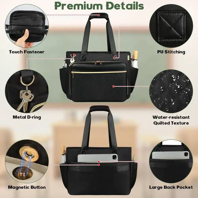 Alt view image 4 of 5 - Partreko Teacher Tote Bag with Colourful Accordion File Organizer Pocket, USB Port& 15.6 Inch Laptop Compartment, Large Work Bag with Insulated Pocket for School Teacher Essential Nurse Women (Black)