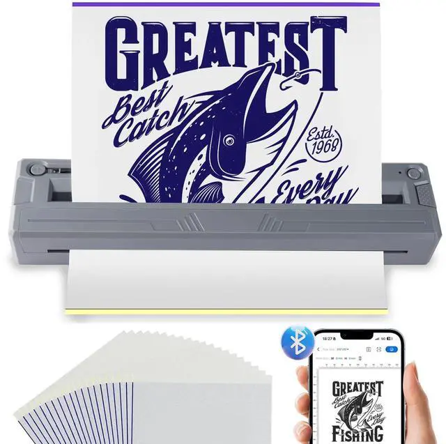 Main image of New Tattoo Stencil Printer - Wireless Bluetooth Thermal Kit with 10 Transfer Papers, Fits Custom-Size A4-A8 Width Thermal Paper, Works for Phones/Tablets/PC/Mac, for Artists & Beginners - Grey