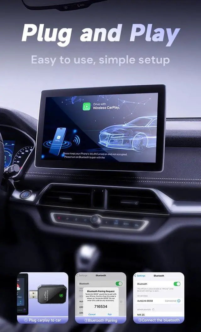 Alt view image 4 of 5 - Wireless CarPlay & Android Auto Adapter, Convert Wired to Wireless Apple CarPlay, Android Auto Adapter Converter, Mini Size with USB/USBC Extension Cable Included, LagFree PlugandPlay