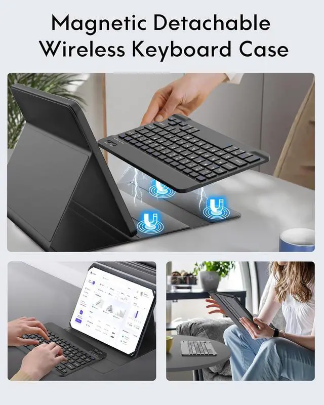 Alt view image 5 of 5 - Universal Tablet Keyboard Case for 9",9.7",10.1",10.2",10.5",10.9",11" Tablets, Rechargeable Wireless Bluetooth Keyboard, Smart Folio Leather Cover with Stretch Strap for Android/iOS/Windows Tablet